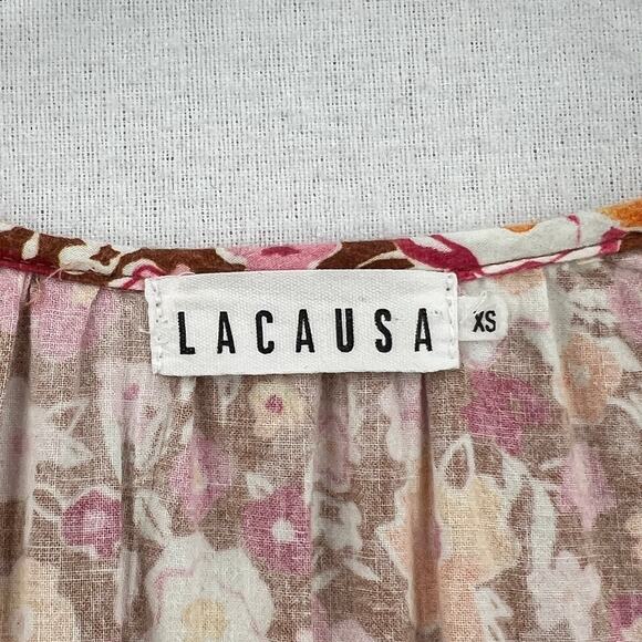 LACAUSA Berkeley Ruffle Midi Dress Womens XS Burnt Orange Floral Balloon Sleeves - Picture 12 of 16